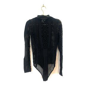 House London Bodycon Leotard Bodysuit Shirt Black Cutout